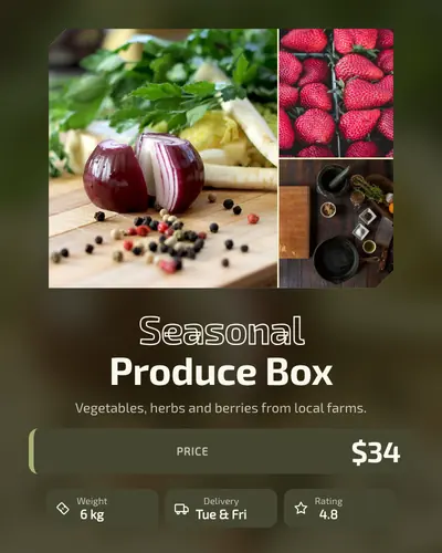 Card design backdrop-frame-02 in the tech mood — sample card “Seasonal Produce Box”
