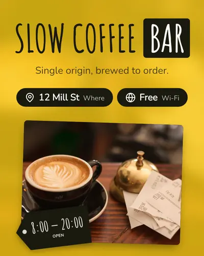 Card design backdrop-frame-03 in the playful mood — sample card “Slow Coffee Bar”