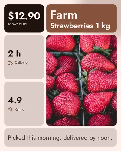 Card design bento-grid-05 in the modern mood — sample card “Farm Strawberries 1 kg”