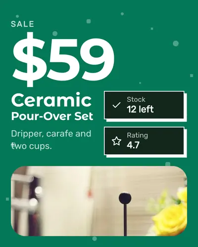 Card design big-number-05 in the playful mood — sample card “Ceramic Pour-Over Set”