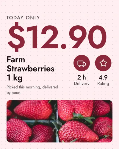 Card design big-number-06 in the modern mood — sample card “Farm Strawberries 1 kg”