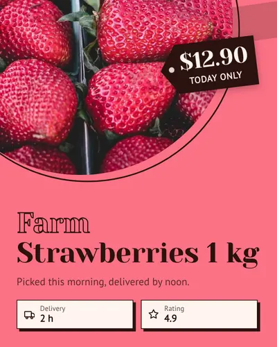 Card design circle-cut-03 in the retro mood — sample card “Farm Strawberries 1 kg”