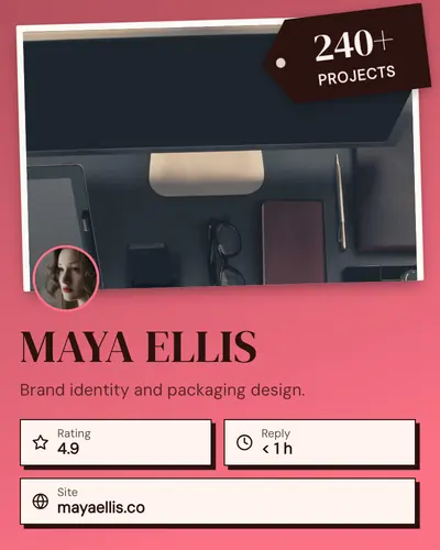 Card design corner-badge-frame-02 in the retro mood — sample card “Maya Ellis”
