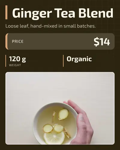 Card design corner-badge-frame-03 in the tech mood — sample card “Ginger Tea Blend”