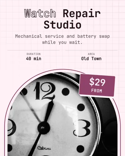 Card design dome-rise-02 in the tech mood — sample card “Watch Repair Studio”