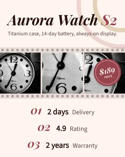 Card design filmstrip-02 in the premium mood — sample card “Aurora Watch S2”