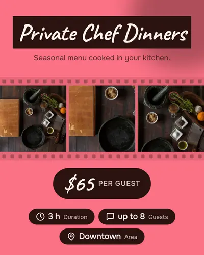 Card design filmstrip-03 in the playful mood — sample card “Private Chef Dinners”