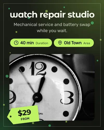 Card design gallery-mat-01 in the playful mood — sample card “Watch Repair Studio”
