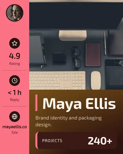Card design left-rail-04 in the tech mood — sample card “Maya Ellis”