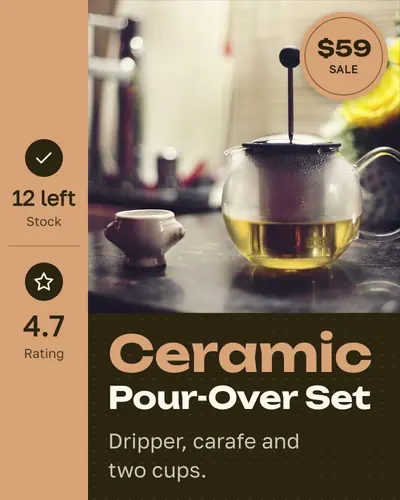 Card design left-rail-06 in the modern mood — sample card “Ceramic Pour-Over Set”