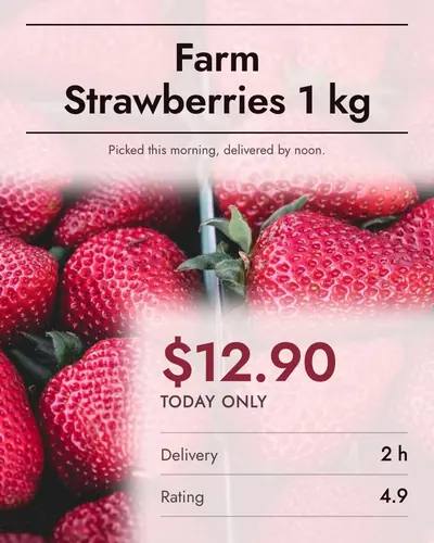 Card design magazine-cover-03 in the minimal mood — sample card “Farm Strawberries 1 kg”