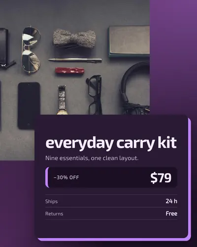 Card design overlap-card-04 in the tech mood — sample card “Everyday Carry Kit”