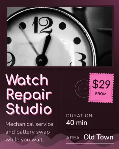 Card design postcard-01 in the playful mood — sample card “Watch Repair Studio”