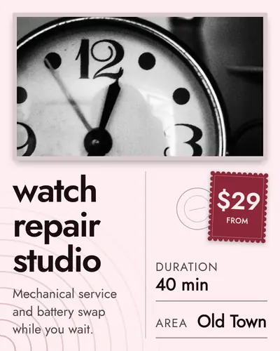 Card design postcard-02 in the modern mood — sample card “Watch Repair Studio”