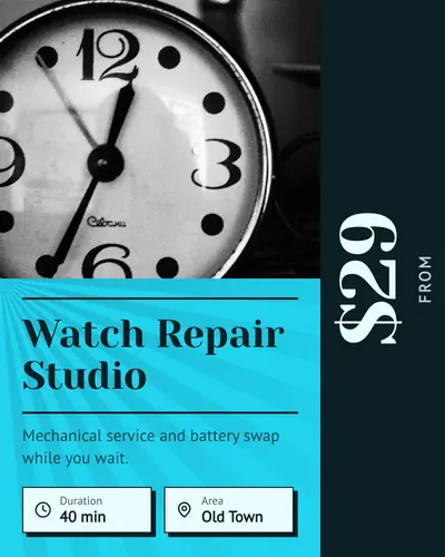 Card design price-rail-02 in the retro mood — sample card “Watch Repair Studio”