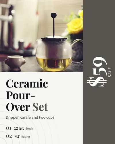 Card design price-rail-04 in the premium mood — sample card “Ceramic Pour-Over Set”