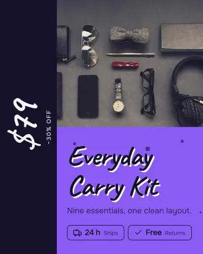 Card design price-rail-06 in the playful mood — sample card “Everyday Carry Kit”