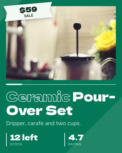 Card design spec-sheet-06 in the bold mood — sample card “Ceramic Pour-Over Set”