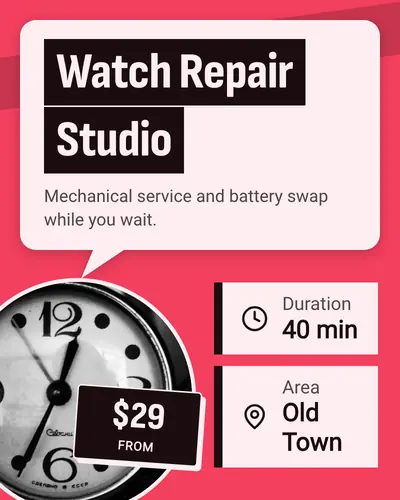 Card design speech-bubble-02 in the bold mood — sample card “Watch Repair Studio”
