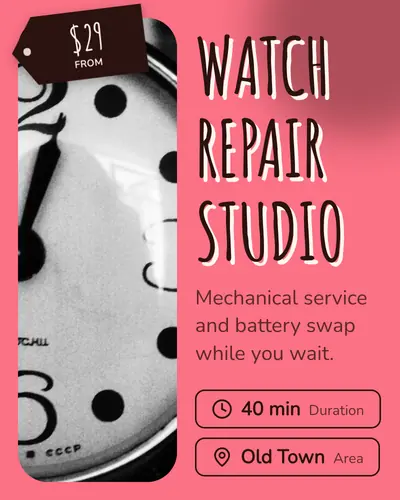 Card design split-hero-02 in the playful mood — sample card “Watch Repair Studio”