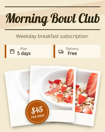 Card design stacked-polaroids-01 in the retro mood — sample card “Morning Bowl Club”