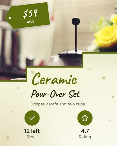 Card design stair-split-01 in the playful mood — sample card “Ceramic Pour-Over Set”
