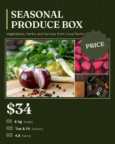Card design starburst-deal-02 in the editorial mood — sample card “Seasonal Produce Box”