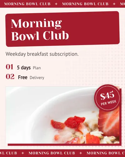 Card design ticker-tape-01 in the retro mood — sample card “Morning Bowl Club”