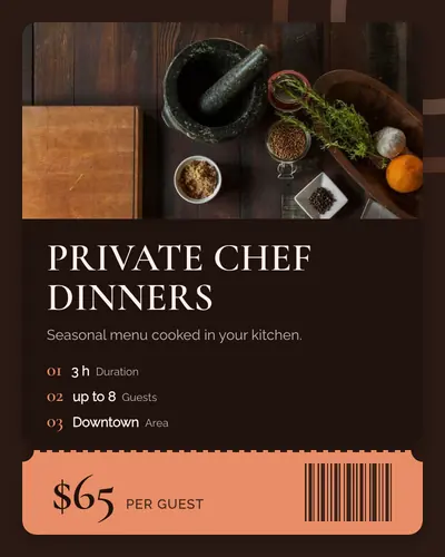 Card design ticket-01 in the premium mood — sample card “Private Chef Dinners”