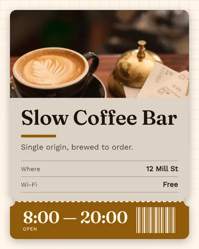 Card design ticket-02 in the editorial mood — sample card “Slow Coffee Bar”