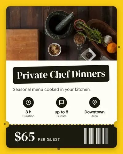 Card design ticket-03 in the playful mood — sample card “Private Chef Dinners”