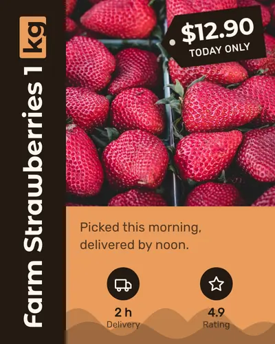 Card design vertical-title-04 in the playful mood — sample card “Farm Strawberries 1 kg”