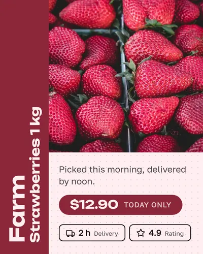 Card design vertical-title-05 in the modern mood — sample card “Farm Strawberries 1 kg”
