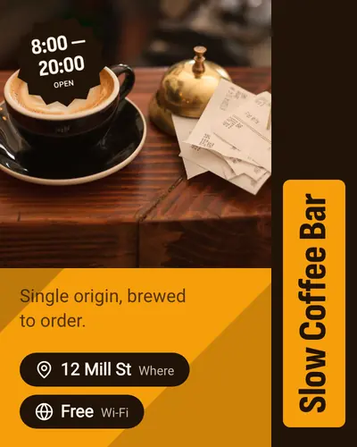 Card design vertical-title-06 in the bold mood — sample card “Slow Coffee Bar”