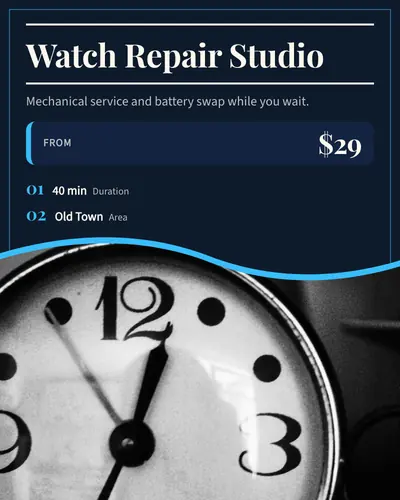 Card design wave-split-01 in the editorial mood — sample card “Watch Repair Studio”
