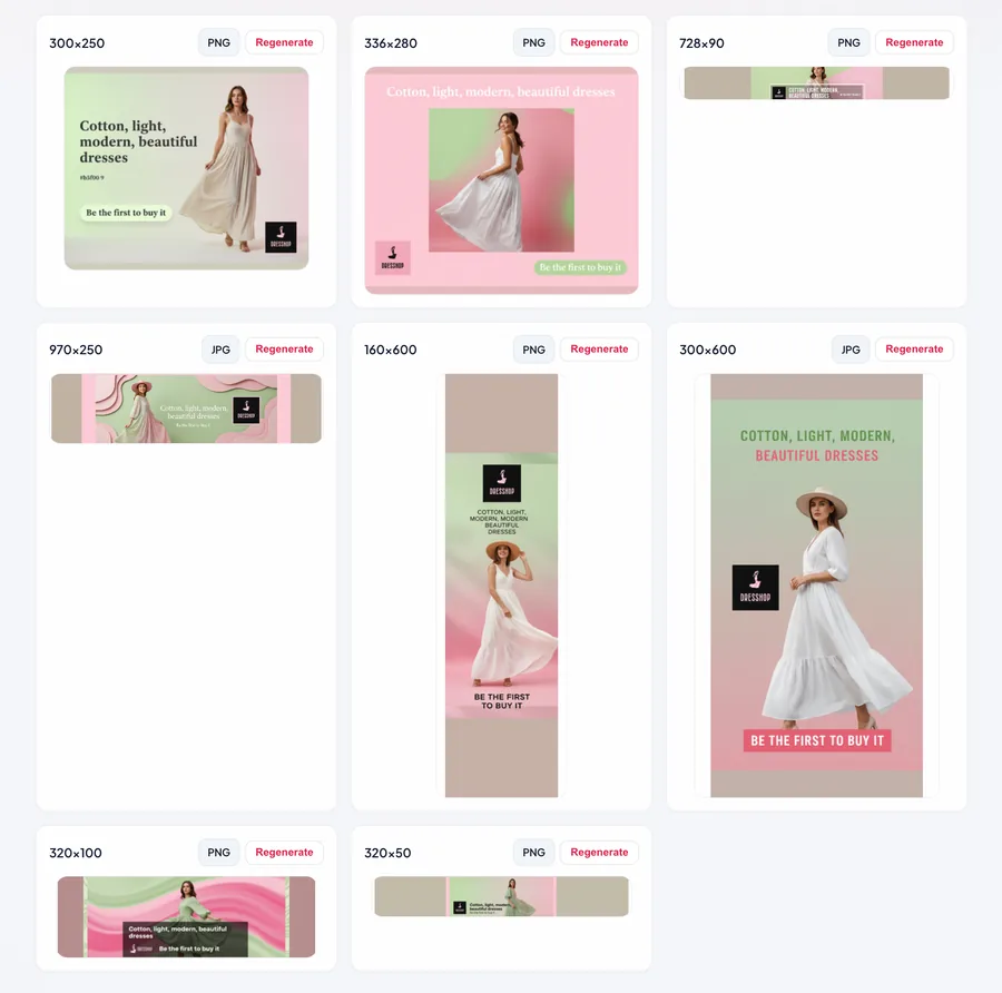 A generated pack of Google Display banners for a dress shop, shown in every size